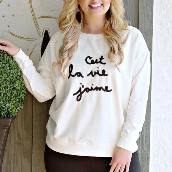 White Ivory C'est La Vie J'aime Cotton Sweatshirt - Picture 8 of 9
